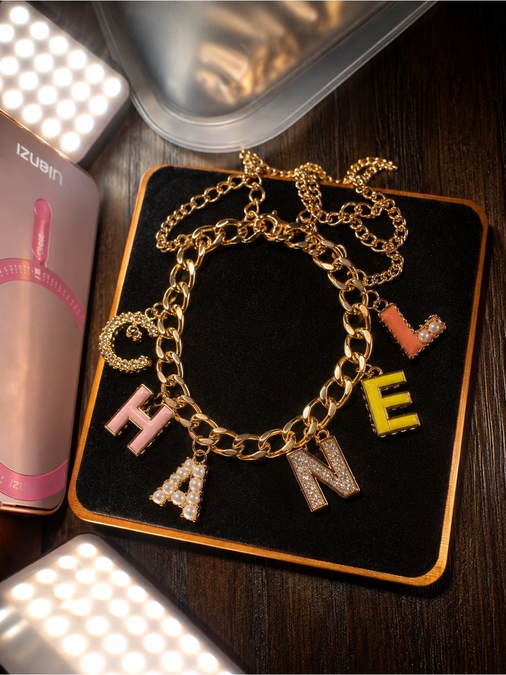 Gold Chain Charm bracelet with Pink, Yellow & Pearl Letter Charms
